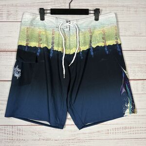 AFTCO Guy Harvey Board Shorts Mens 36 Abstract Fish Graphic 9" Inseam Stretch